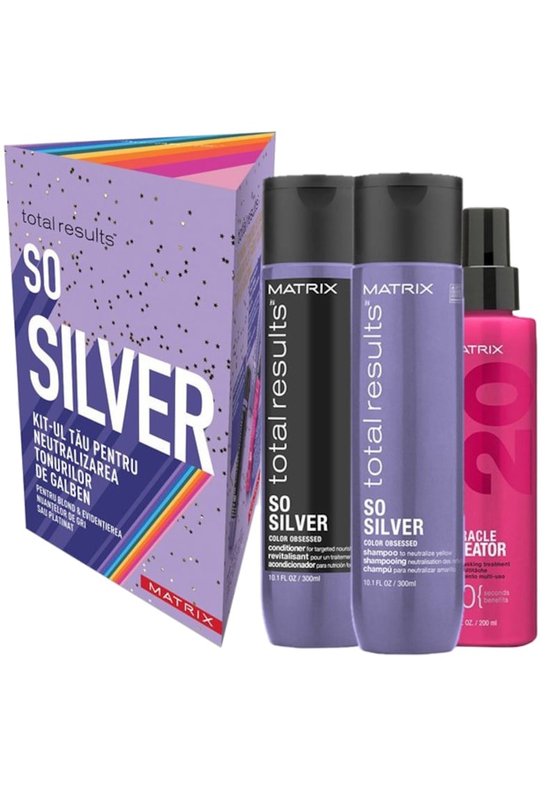 Trusa Total Results SoSilver pentru par blond: Sampon - 300 ml + Balsam - 300 ml + Spray Matrix Total Results Miracle Creator 20 - 200ml