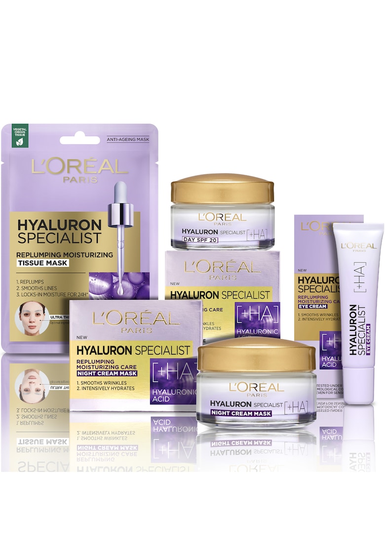 Set ingrijire ten Hyaluron Specialist: Crema hidratanta de zi pentru volumul tenului - 50 ml + Crema hidratanta de noapte pentru volumul tenului - 50 ml + Crema antirid de ochi - 15 ml + Masca servetel hidratanta - 30 g