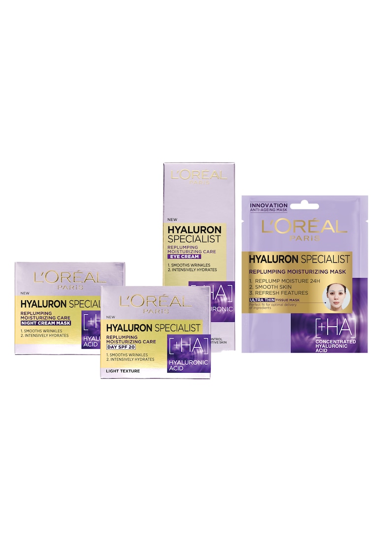 Set ingrijire ten Hyaluron Specialist cu acid hialuronic: Crema antirid de zi - 50 ml + Crema antirid de noapte - 50 ml + Crema antirid de ochi - 15 ml + Masca servetel hidratanta pentru volumul tenului - 32 g