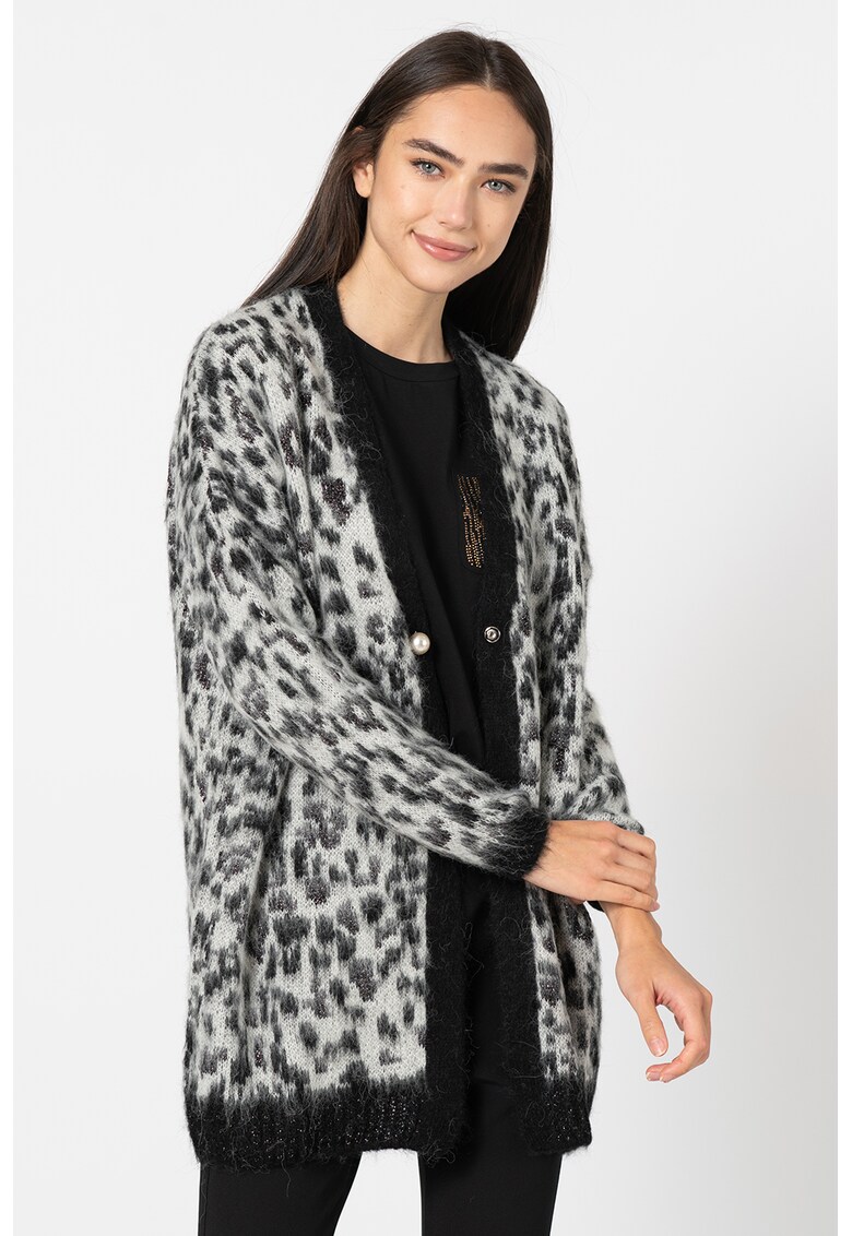 Cardigan din amestec de lana alpaca cu animal print