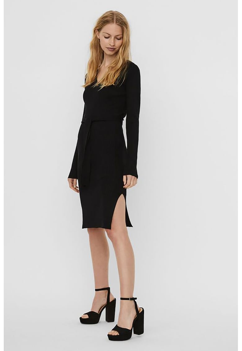 Rochie tip pulover cu decolteu in V si cordon in talie