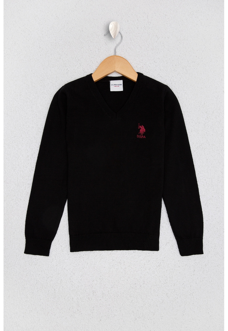 Pulover cu decolteu in V si broderie logo