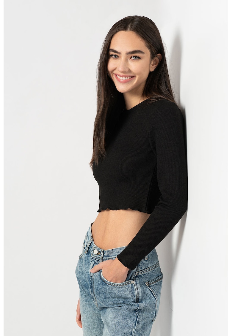 Pulover crop din jerseu Kitty - Negru