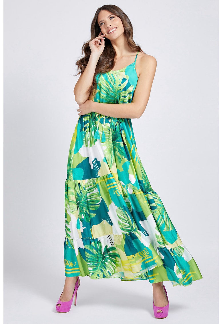 Rochie maxi cu bretele inguste - Alb/Verde/Albastru