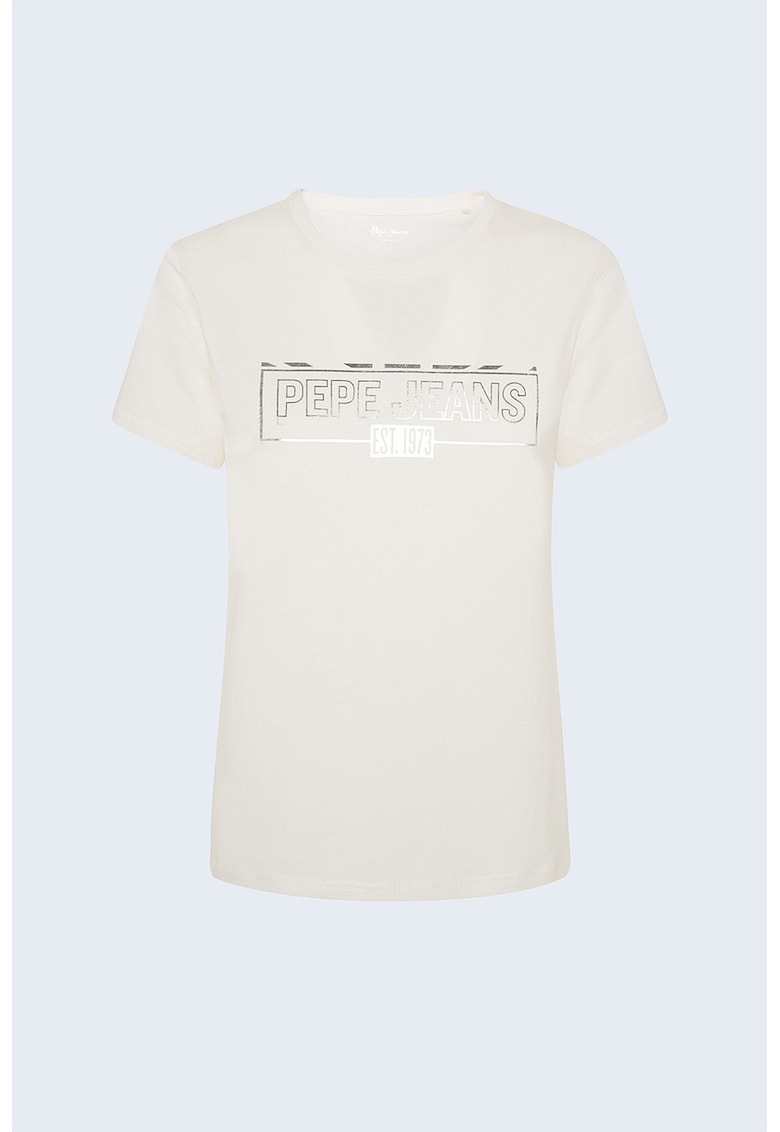Pepe Jeans London Tricou din amestec de bumbac - cu logo metalizat - Crem/Argintiu