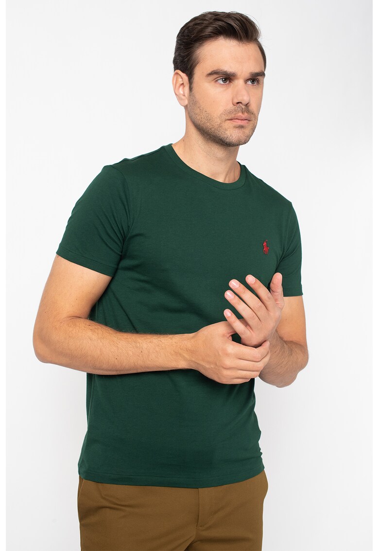 Tricou slim fit cu decolteu la baza gatului si logo brodat