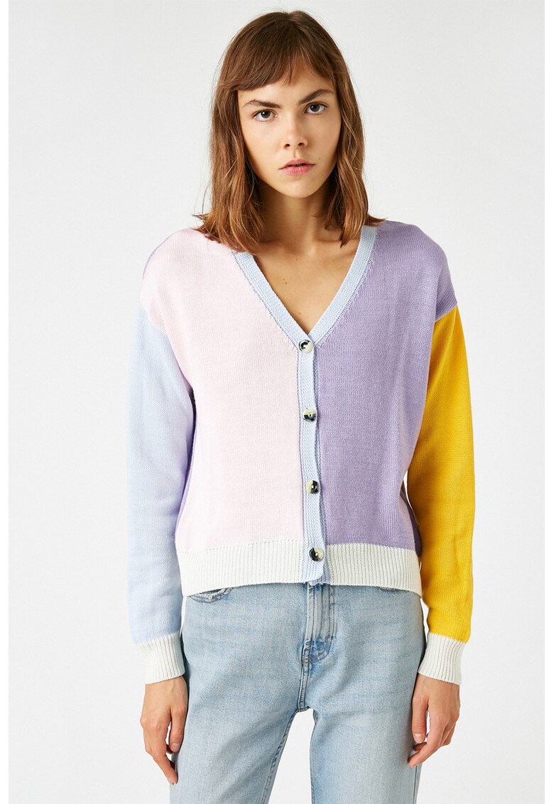 Cardigan cu decolteu in V si model colorblock