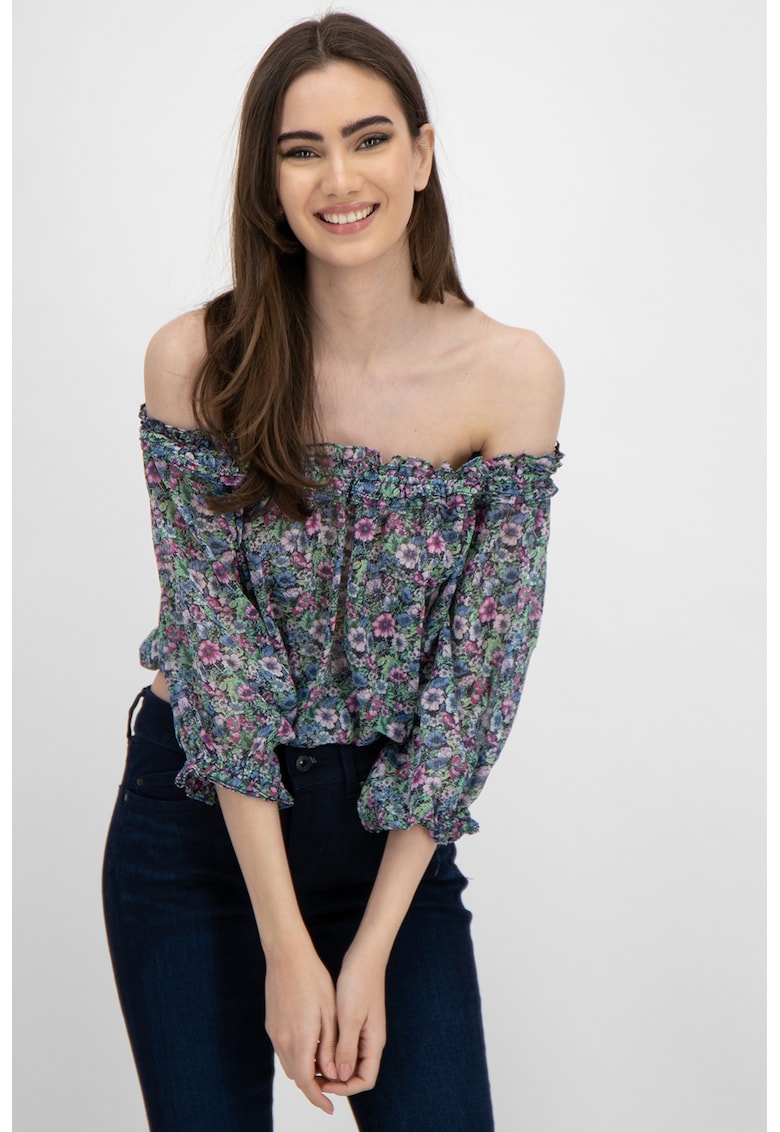 Bluza crop cu decolteu pe umeri si imprimeu floral fashiondays imagine noua