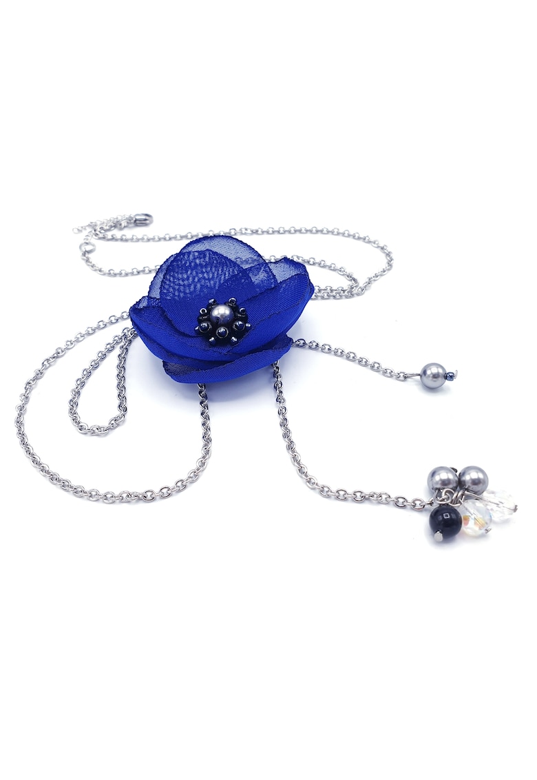 Colier lung elegant - Zia Fashion - Cindy - floare albastra - inox - perle