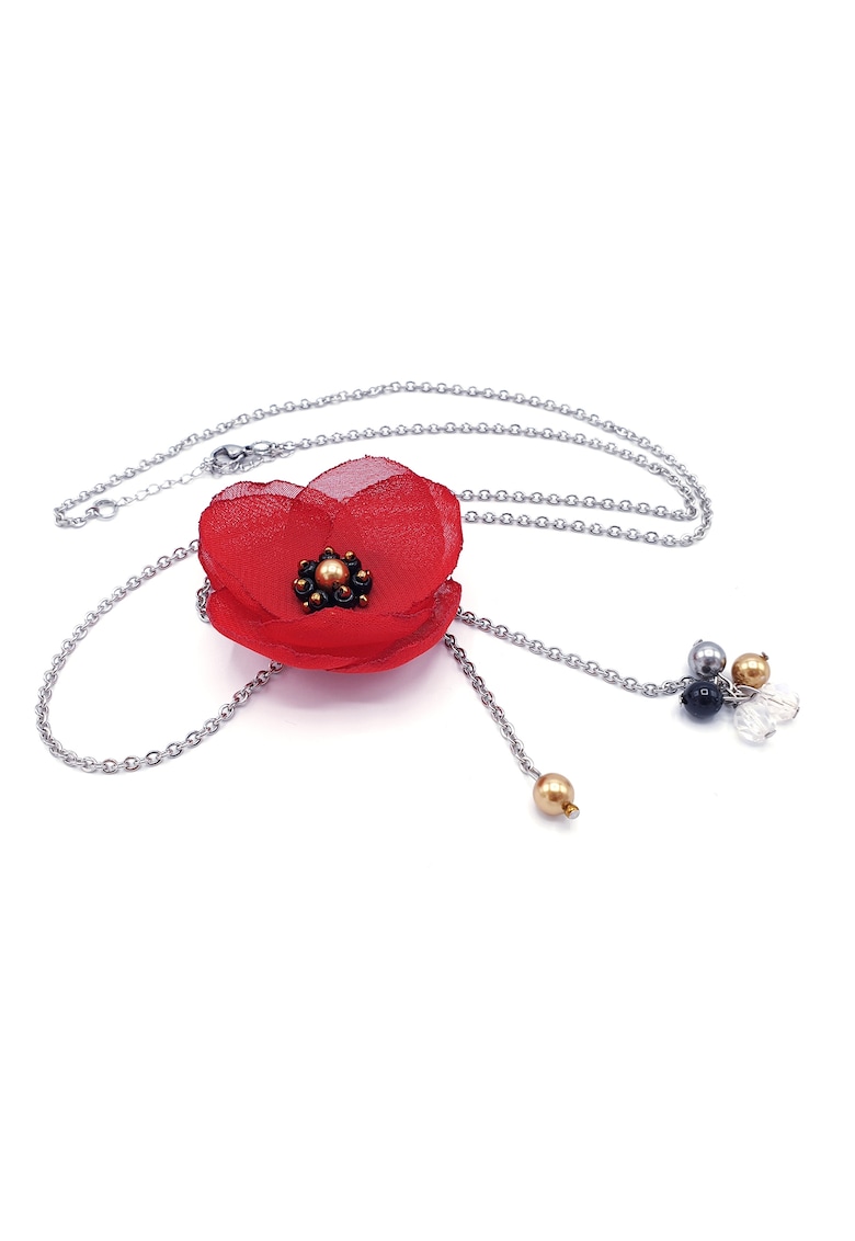 Colier lung elegant - Zia Fashion - Ruby - floare rosie - inox - perle