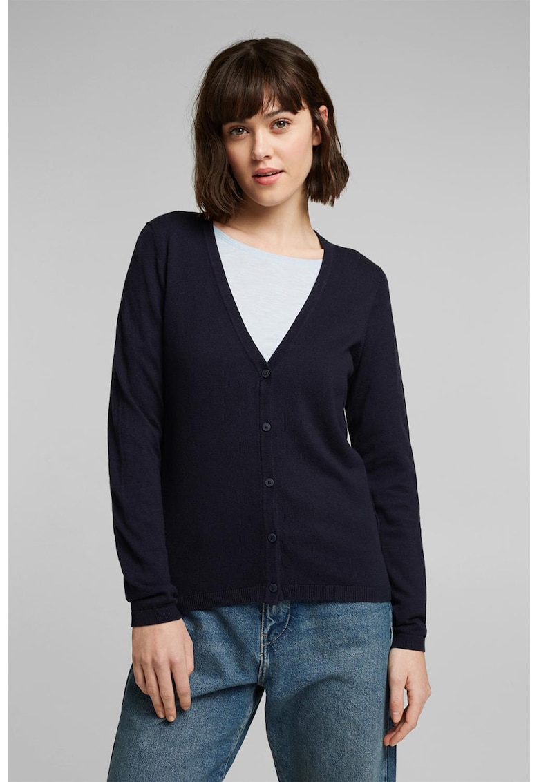 Cardigan din amestec de bumbac organic cu decolteu in V si nasturi