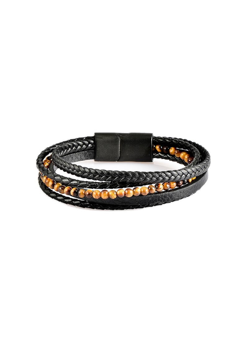US POLO ASSN Bratara de piele cu siraguri multiple si pietre ochi de tigru - Negru/Maro