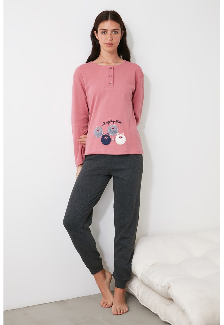 Bluza si pantaloni de pijama cu model discret cu oi