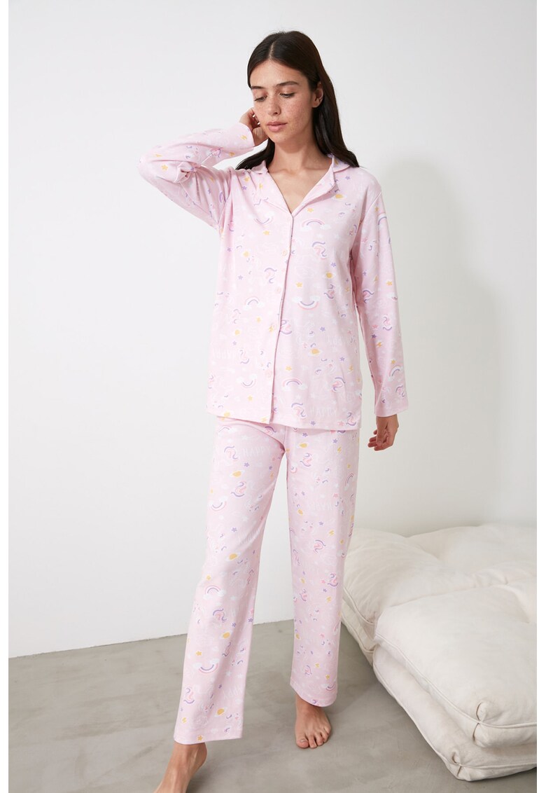 Pijama de bumbac cu imprimeu unicorn