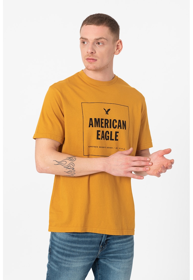 Tricou cu decolteu la baza gatului si imprimeu American Eagle