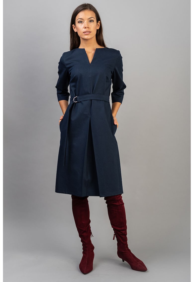 Rochie midi cu decolteu in V si cordon in talie
