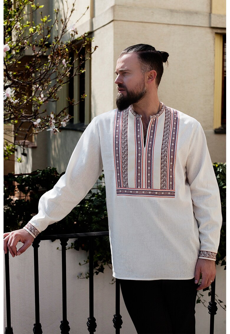 Bluza tip tunica din amestec de in cu motive traditionale