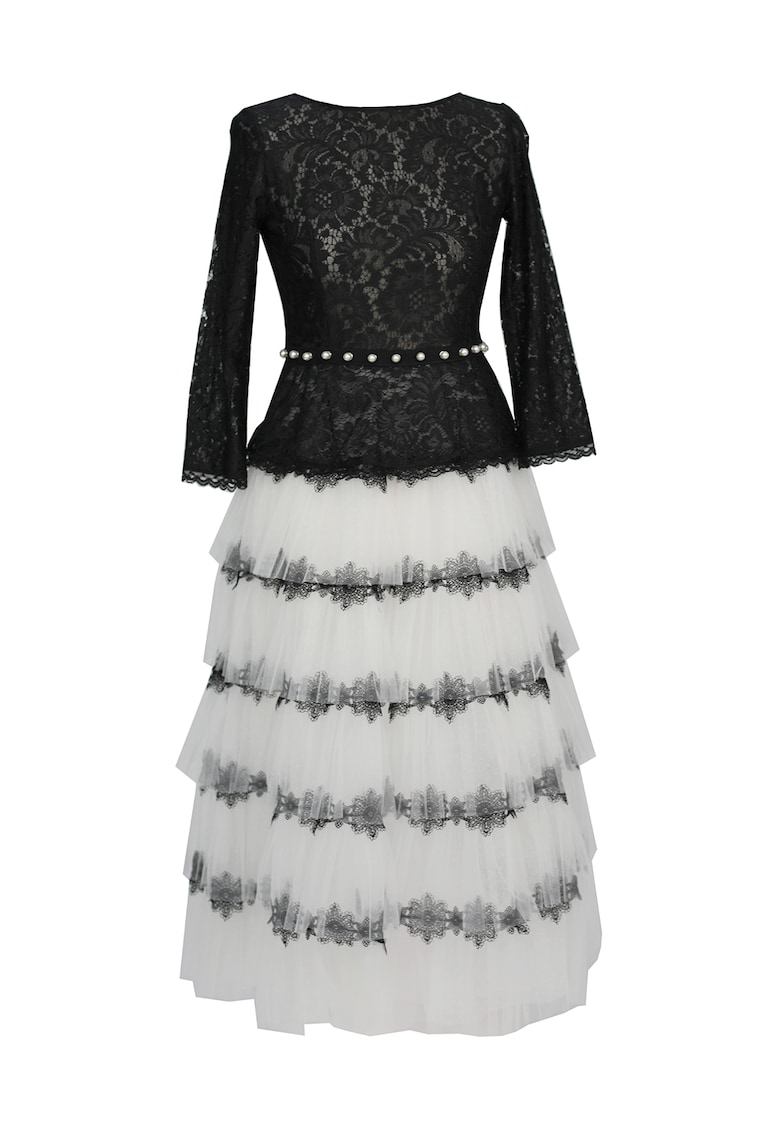 Rochie midi stratificata cu insertii de dantela Marie - Alb/Negru