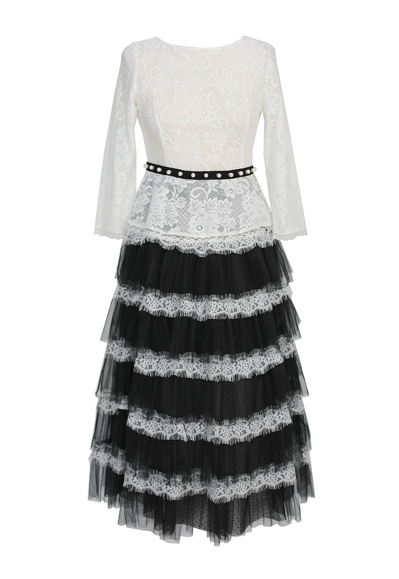 Rochie midi stratificata cu insertii de dantela Marie - Alb/Negru