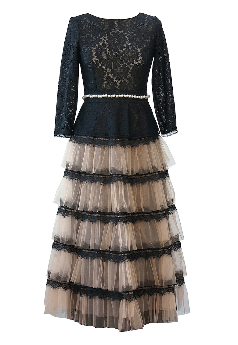 Rochie midi stratificata cu insertii de dantela Marie - Negru/Bej