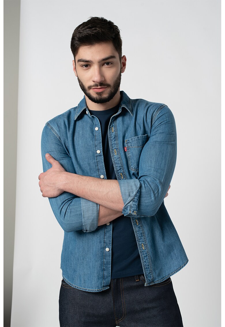 Camasa slim fit din amestec de lyocell si material chambray