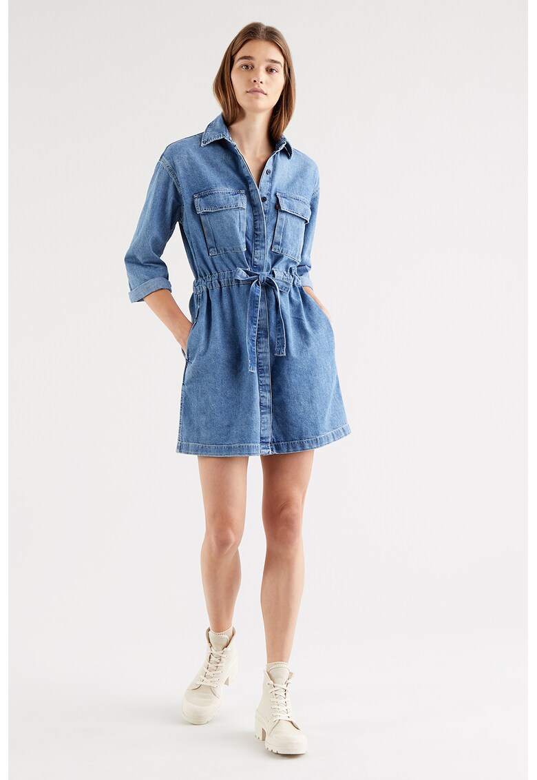 Rochie tip camasa mini - din chambray - cu buzunare aplicate