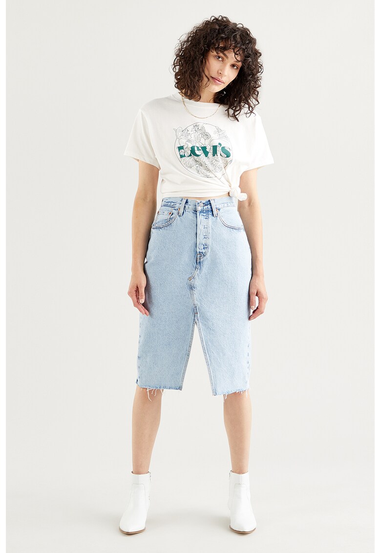 Fusta din denim cu slit adanc si terminatie franjurata