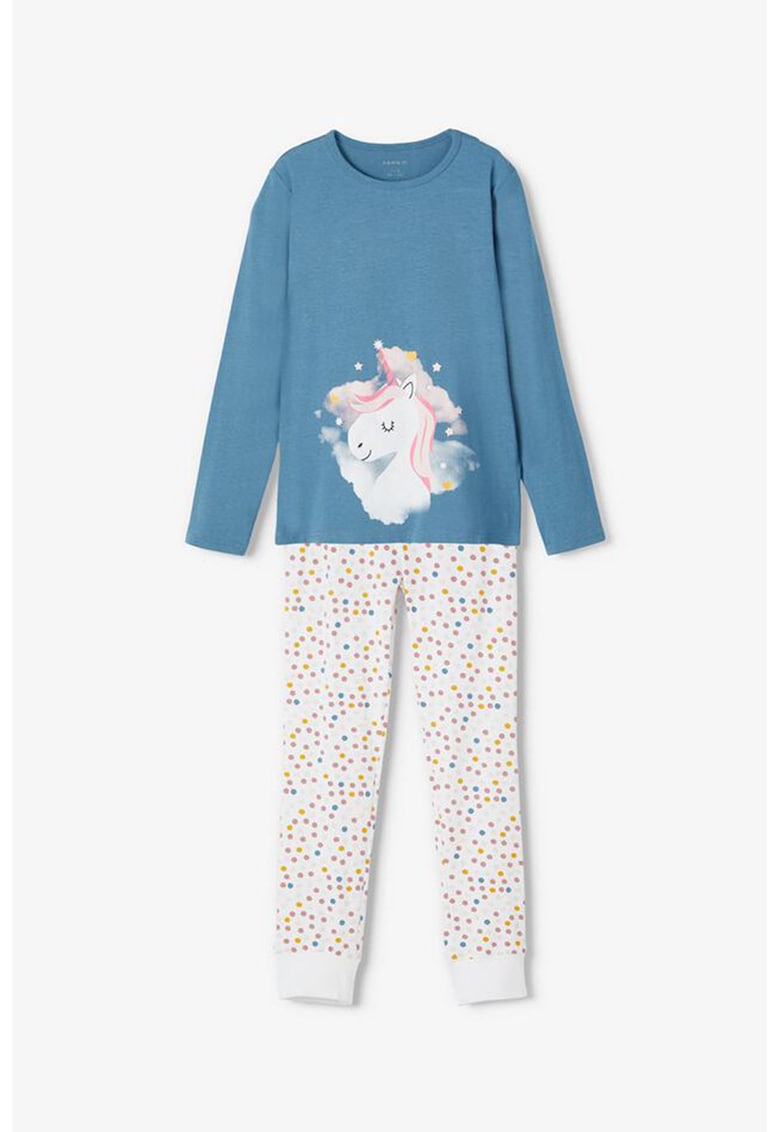 Pijama din amestec de bumbac organic cu imprimeu cu unicorni