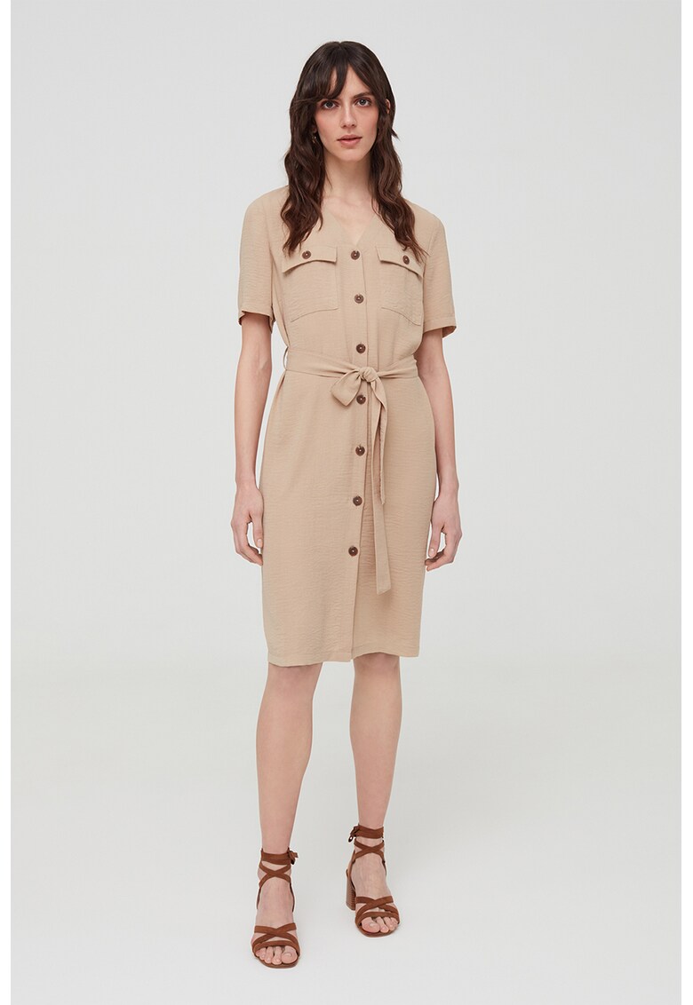 Rochie midi tip camasa cu cordon in talie