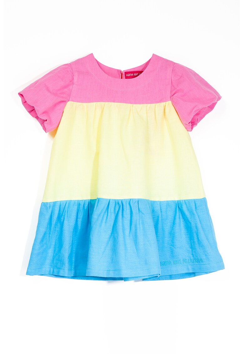 Rochie evazata din amestec de in cu model colorblock