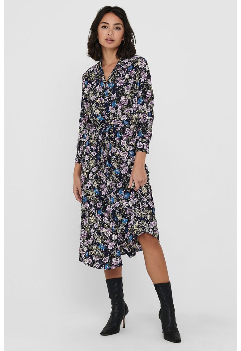 Rochie tip camasa cu imprimeu si prindere cu cordon