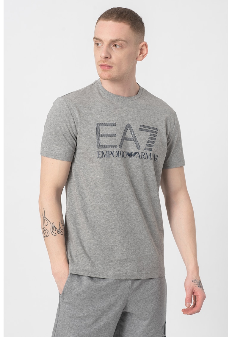 EA7 Tricou cu decolteu la baza gatului si imprimeu logo - Gri melange/Bleumarin