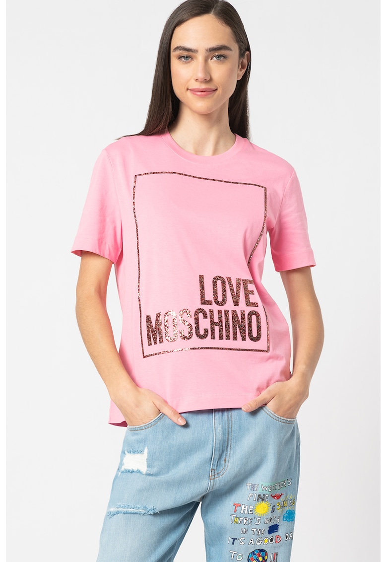 Love Moschino Tениска с овално деколте и бляскава щампа за Жени Love Moschino Tениска с овално деколте и бляскава щампа за Жени