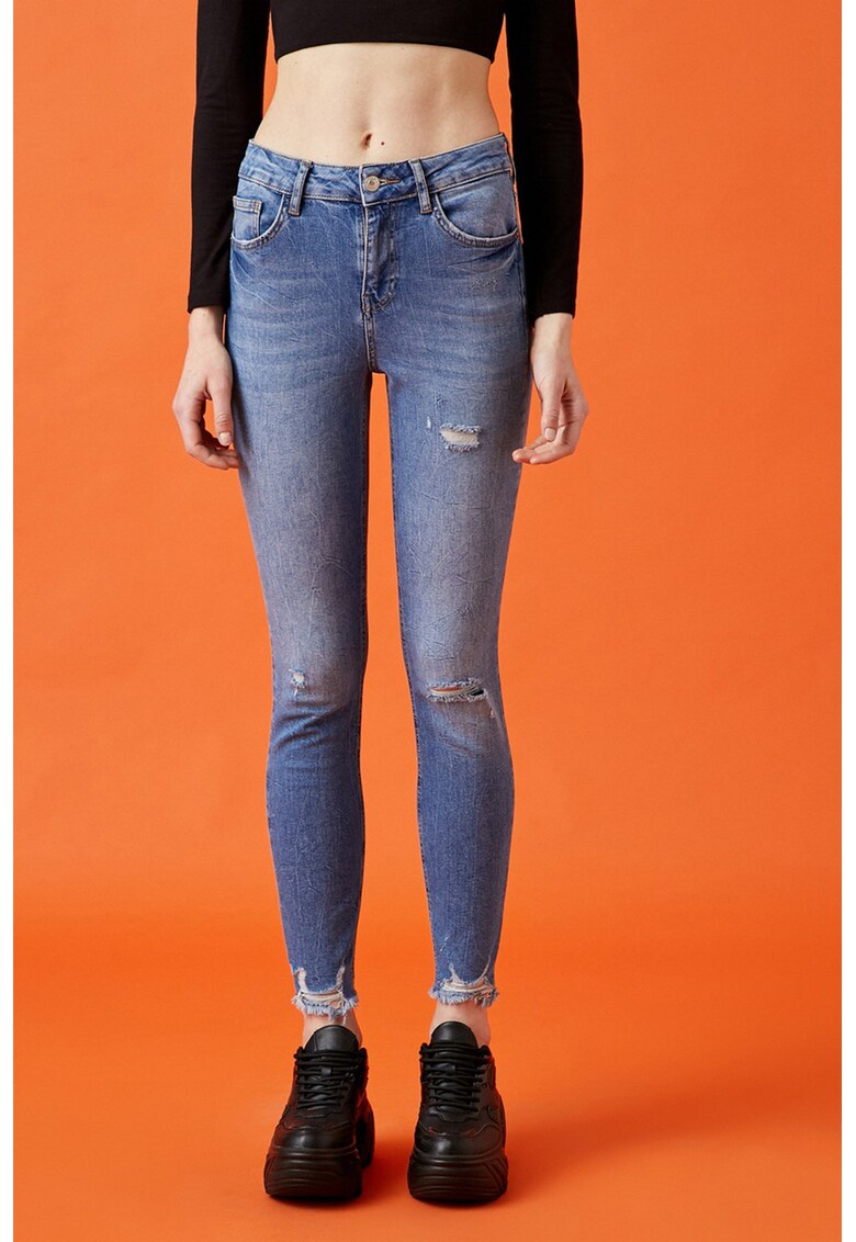 Blugi skinny-fit cu talie inalta si detalii cu aspect deteriorat