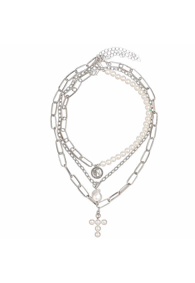 Colier in 3 straturi - cu perle si cruciulita - argintiu - Linetth C3 -