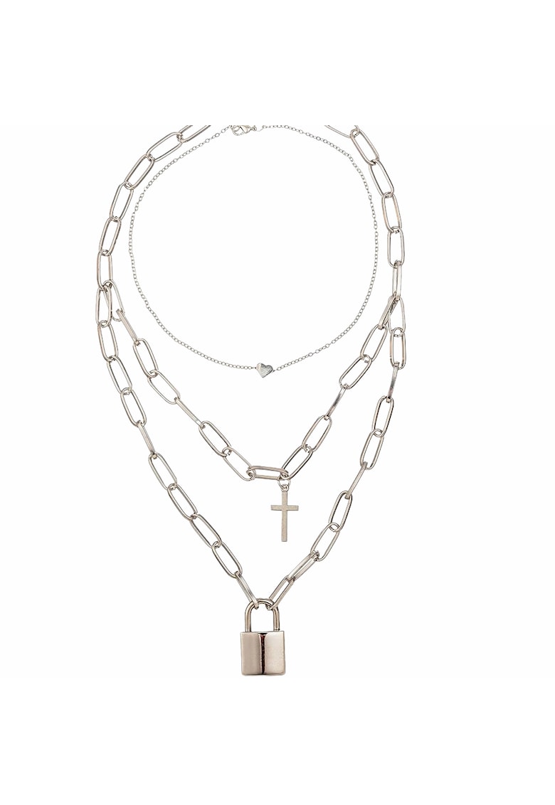 Colier in 3 straturi - argintiu - cu lacat si cruciulita - Linni C3 -