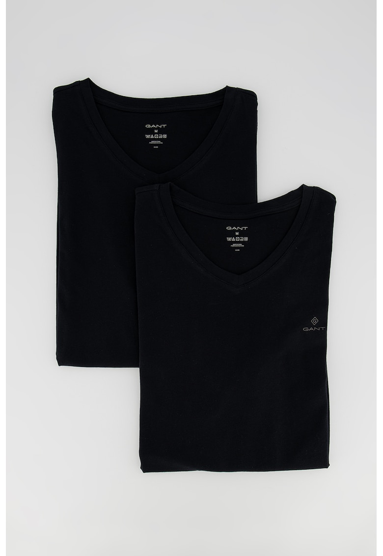 Tricou de casa cu decolteu in V si detaliu logo pe piept - 2 piese - Alb/Negru