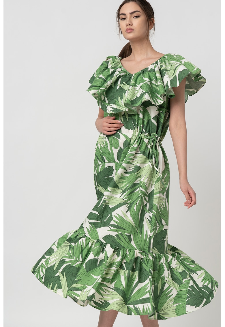 Rochie evazata din amestec de lyocell cu imprimeu tropical