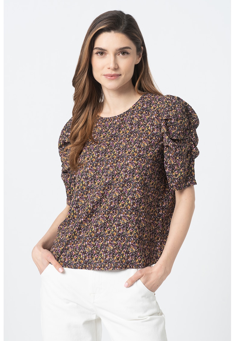 Bluza cu imprimeu floral si maneci bufante Mia - Verde/Maro inchis/Galben