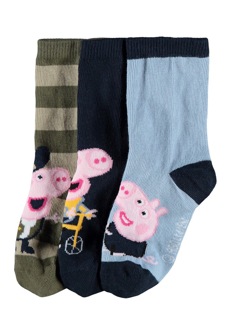 Set 3 perechi de sosete lungi - baieti - cu model Peppa Pig - Bleumarin/Albastru/Verde