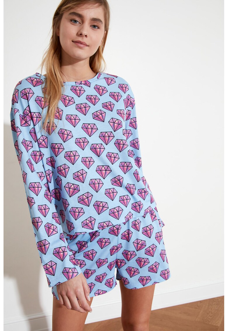 Pijama cu maneci scurte si imprimeu grafic fashiondays.ro