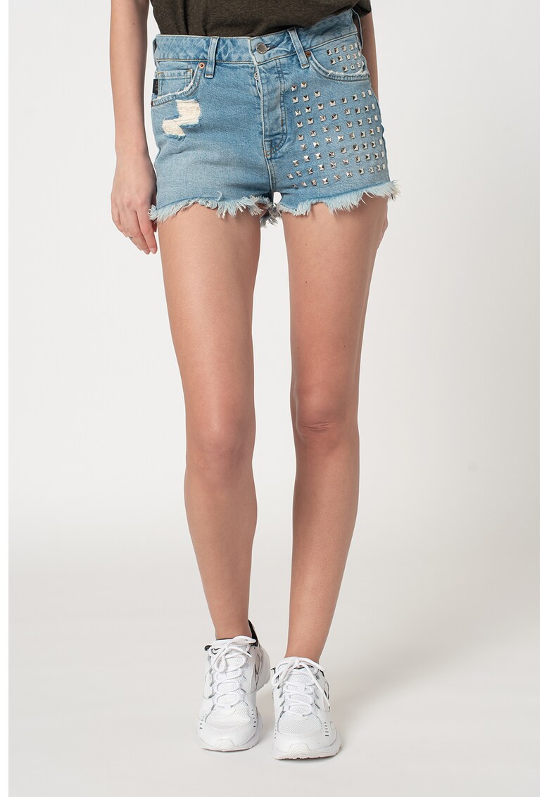 Pantaloni scurti de denim cu nituri si detalii cu aspect deteriorat