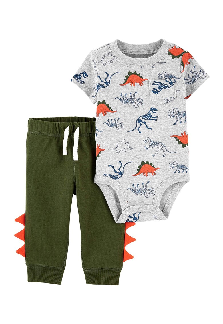 Set de body si pantaloni din bumbac - 2 piese - baieti - cu imprimeu dinozauri - Gri/verde militar/oranj mandarina