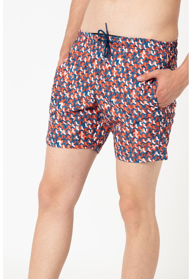 Pantaloni scurti de baie cu model geometric Vali - Portocaliu mandarina/Albastru petrol