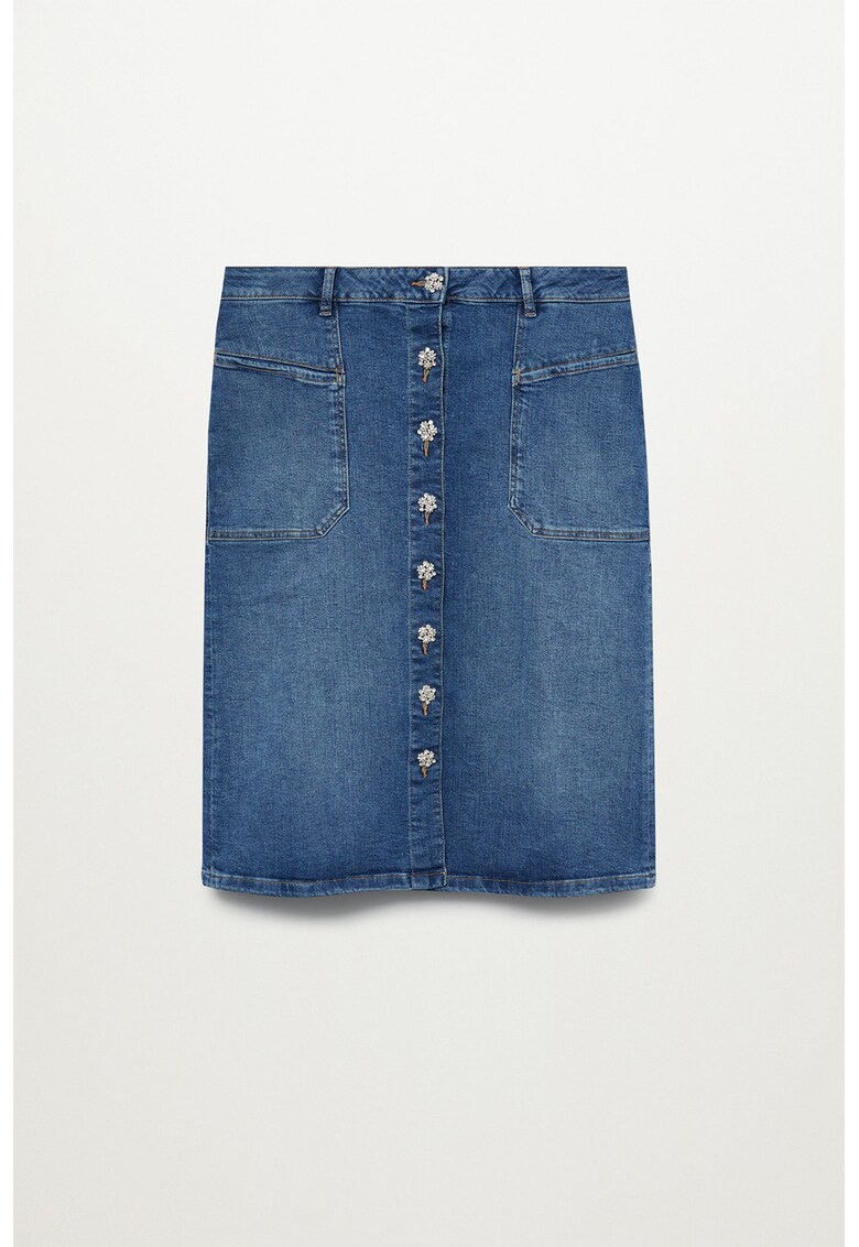 Fusta din denim cu croiala creion si nasturi tip bijuterie Lovie