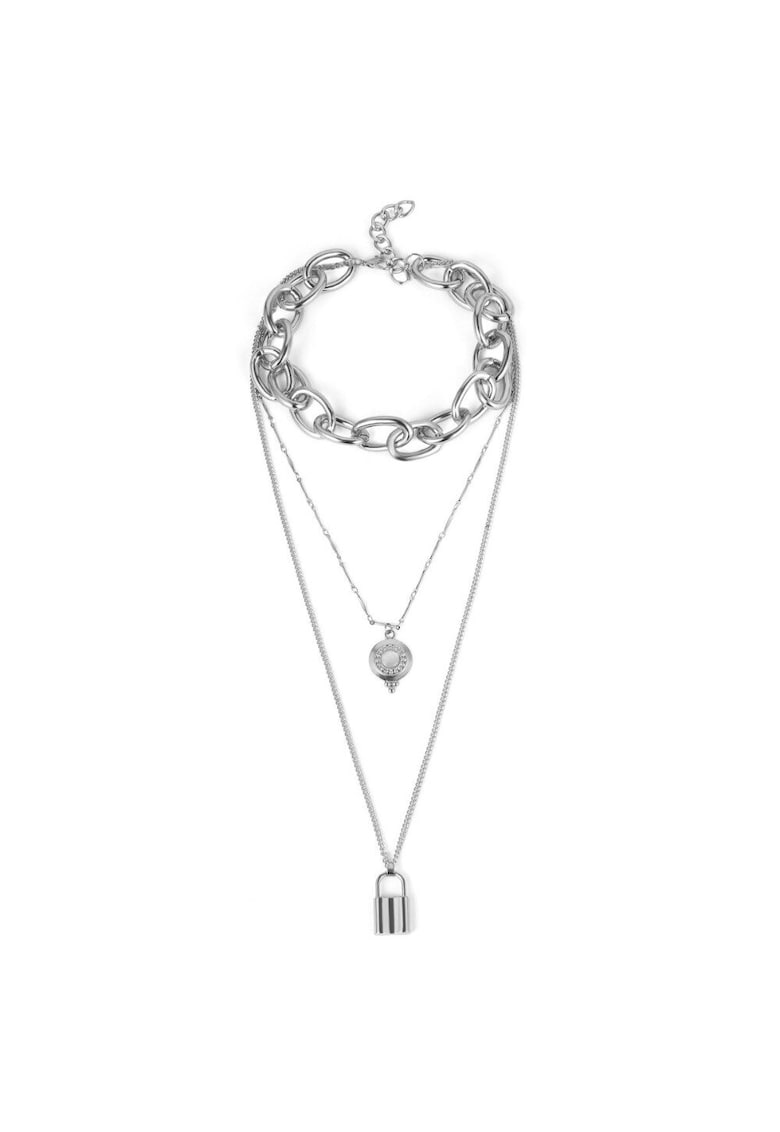 Colier in 3 straturi - argintiu - cu zale si lacat - Niki C3 -