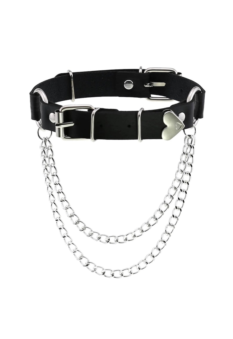 Colier Choker - negru - piele ecologica - cu lanturi - Nikie C3 -