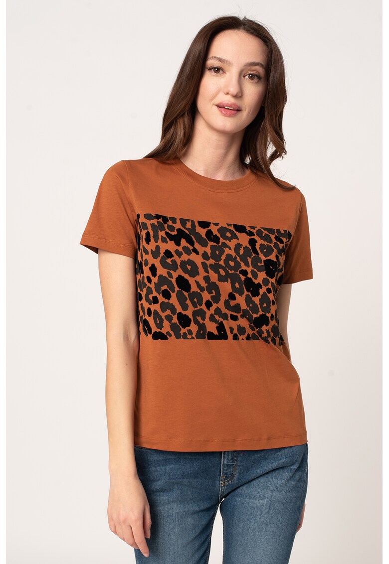 Tricou din bumbac organic cu decolteu la baza gatului si animal print