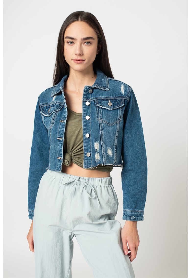 Jacheta crop de denim cu detalii cu aspect deteriorat Tilla