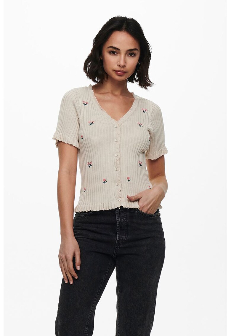 Cardigan striat cu maneci scurte si detalii brodate